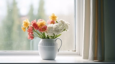 A beautiful bouquet of flowers in a white vase sits on a windowsill. The light streams in through the window, illuminating the vibrant colors of the blooms. The window is partially covered by a white curtain.の写真素材