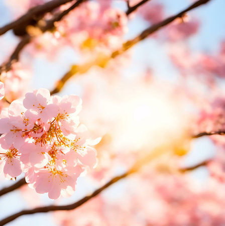 Close-up of delicate pink cherry blossoms in full bloom against a soft, sun-drenched background.の写真素材