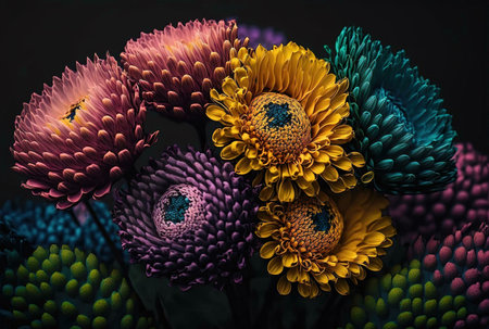 Close-up shot of a vibrant flower bouquet, featuring a variety of colors and textures. The bouquet is composed of a mix of yellow, pink, purple and blue blooms, all arranged beautifully.の写真素材