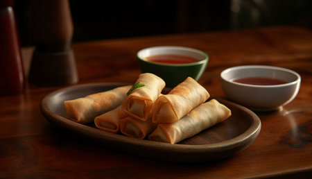 A close-up view of a plate of crispy spring rolls, ready to be dipped in sweet and sour sauce. The...