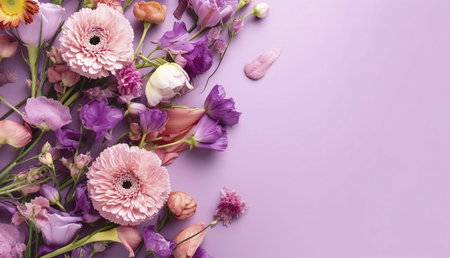 A vibrant and colorful bouquet of flowers arranged on a soft purple background. The flowers include...