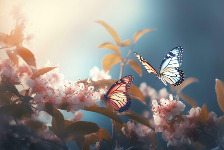 Two colorful butterflies, one blue and one pink, are perched on a blooming tree branch with pink...