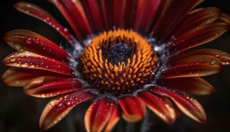 A close-up shot of a vibrant red flower with dew drops on the petals. The focus is on the delicate details of the flower and the intricate pattern of the dew drops. The red color is striking and the image conveys the beauty and fragility of nature.の写真素材