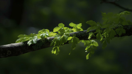 Close up of a tree branch with new green leaves. This image captures the beauty of the natural world.の写真素材