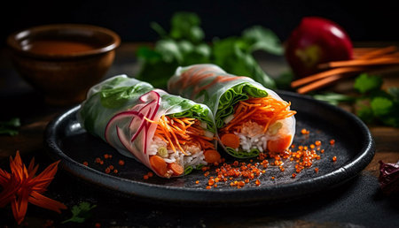 Two Vietnamese summer rolls on a black plate with a small bowl of dipping sauce in the background