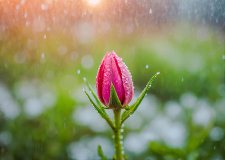 A single pink flower bud stands tall and resilient in a field of green, a beautiful and fragile reminder of life's beauty in a gentle rain.の写真素材