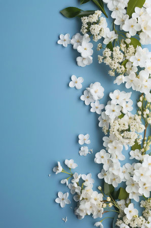 A close-up shot of a white blossoming branch against a soft blue background, showing the delicate beauty of nature's springtime.の写真素材