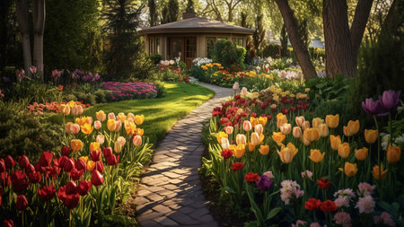 A winding path leads through a vibrant garden, bursting with colorful tulips and lush greeneryの写真素材