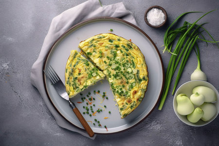 A delicious looking frittata with chives, cut into slices and ready to be served. The frittata is on a plate with a fork. The chives are in the background, along with some onions.の写真素材