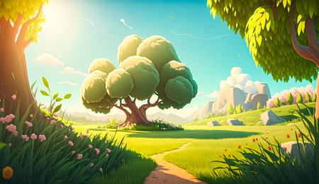 A beautiful meadow with lush green grass and a large tree, bathed in the warm light of the sun. There is a path leading into the distance, and the sky is bright blue with fluffy clouds.の写真素材