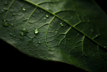 A close-up photograph of a single leaf covered in dew drops. The image showcases the intricate detail and texture of the leaf's surface.の写真素材