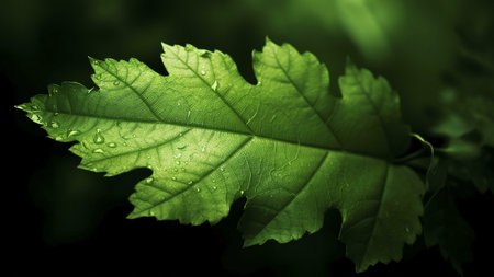 A close-up shot of a single green leaf with dewdrops.