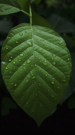 A single green leaf with water droplets on it.