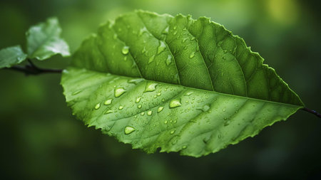 A close-up shot of a green leaf with water droplets. The image captures the beauty of nature and the...