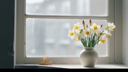 A simple but elegant still life of white daffodils in a vase, capturing the beauty of spring. The flowers are placed by a window, bathed in soft sunlight.の写真素材