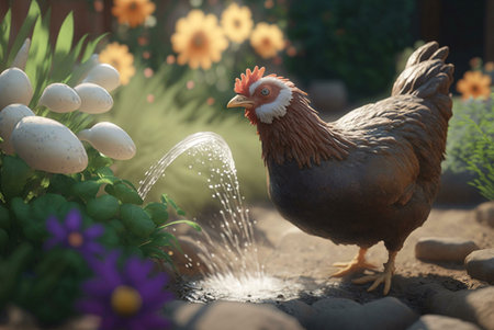A chicken stands near a small fountain in a garden, with sun rays illuminating the scene.の写真素材