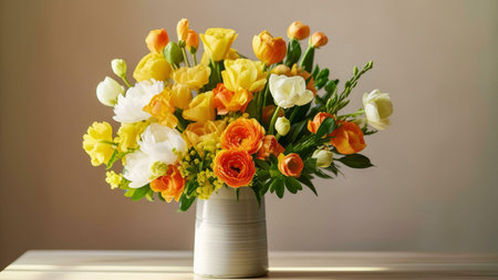 A beautiful bouquet of yellow, orange, and white flowers arranged in a white vase. The vibrant...