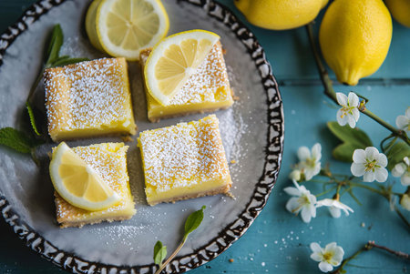 Closeup shot of four lemon bars on a gray plate, topped with powdered sugar.の写真素材