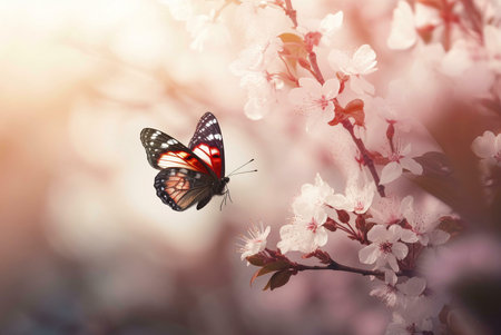 A delicate butterfly with vibrant wings rests on a blossom branch in a peaceful natural setting