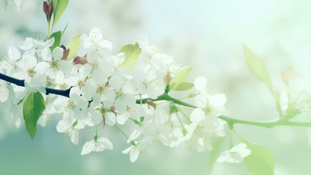 Close up of a cherry blossom branch with delicate white flowers in full bloom, capturing the essence...