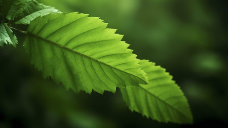 A close-up shot of two green leaves with a soft, blurry background. The image highlights the...