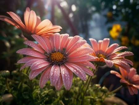 A close-up of a pink flower in bloom with sun shining through the petalsの写真素材