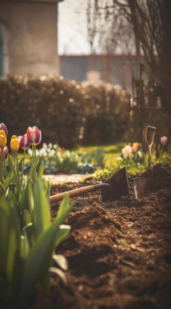 A shovel lays on top of the brown soil with vibrant flowers and leaves in the foreground.