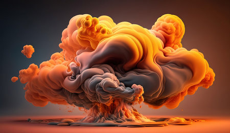 A vibrant abstract image featuring a dynamic swirling cloud of orange and gray smoke, creating a...