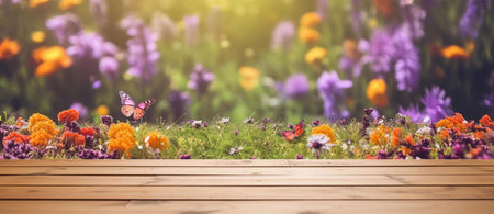 A wooden plank sits on a background of vibrant summer wildflowers, with butterflies flitting around, creating a beautiful and natural scene.の写真素材