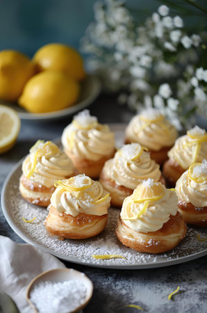 Cream puffs filled with a light lemon cream and topped with lemon zest.の写真素材