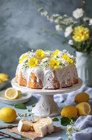 A delicious lemon cake decorated with a floral crown and fresh lemons.の写真素材