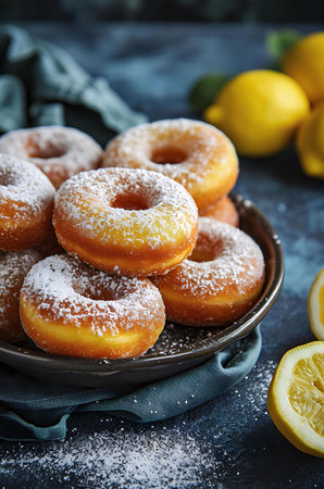 A plate filled with freshly baked and sugary donuts. The donuts are covered in powdered sugar and are a delicious treat for any occasion.の写真素材