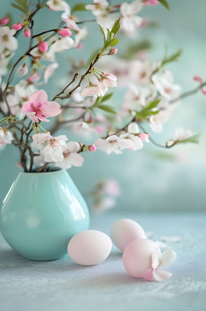 A stunning spring bouquet of white and pink cherry blossoms in a blue vase, adorned with three...
