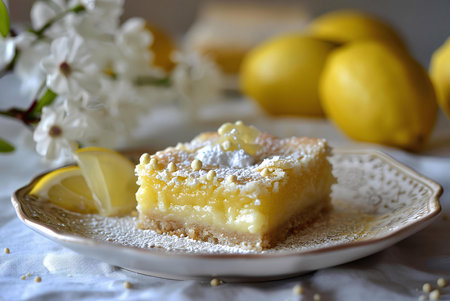 A freshly baked lemon bar on a plate dusted with powdered sugarの写真素材