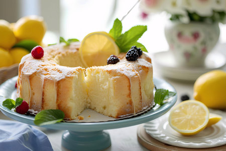 A freshly baked lemon cake with berries, ready to be served. The cake is decorated with powdered...