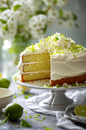 A white cake with lemon zest and a creamy frosting on top. The cake is cut into a slice and is...