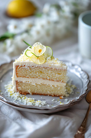 A slice of homemade lemon cake with a lime garnish, decorated with fresh citrus zest and a sprig of green. The cake is presented on a rustic plate and the white linen tablecloth gives the image a delicate and inviting feel.の写真素材