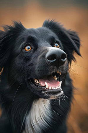 A close-up portrait of a black and white border collie with a warm background, the dog is looking up...