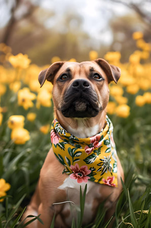 A brown dog with a floral bandana sits in a field of yellow flowers.の写真素材