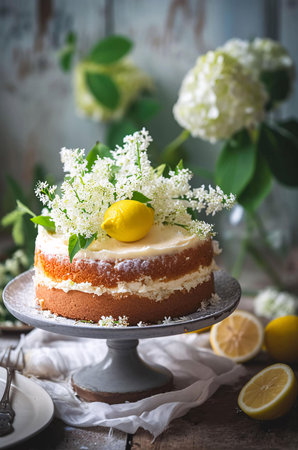 A delicious lemon cake with elderflower decoration, perfect for a special occasion.の写真素材