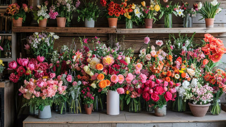 A collection of vibrant and colorful flowers arranged on a rustic wooden shelf. The flowers are displayed in various vases and pots, creating a visually stunning and fragrant display.の写真素材