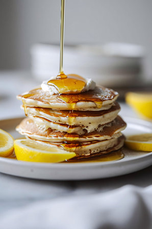 Close up photo of a stack of fluffy pancakes with syrup drizzled on top, served with fresh lemon slices and whipped cream, looks delicious.の写真素材