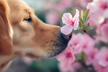 A golden retriever dog smelling a pink flower in a spring garden. The dog's expression is one of pure joy and contentment, enjoying the sweet scent of the blossom.の写真素材