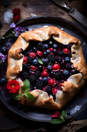 A close-up shot of a rustic berry tart, showing its golden-brown crust, juicy berries, and a sprinkle of sugar. The tart rests on a dark wooden table, creating a warm and inviting ambiance.の写真素材
