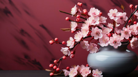 A vase filled with delicate pink blossoms on a dark wooden table with a red background.の写真素材