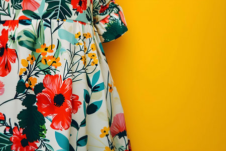A close-up of a floral dress against a bright yellow background. The dress features a vibrant and colorful print with red flowers and green leaves.の写真素材