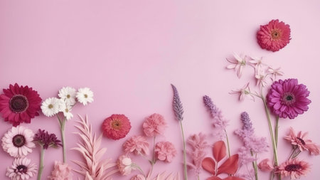 A vibrant pink background adorned with a variety of colorful flowers, creating a delicate and romantic floral design.の写真素材