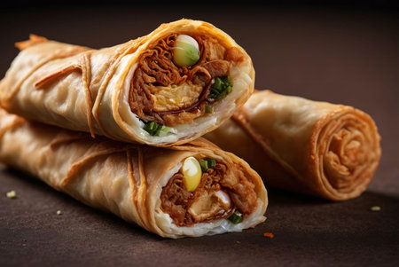 Three crispy spring rolls with savory filling, stacked on top of each other. The filling is visible through the translucent wrapper.の写真素材