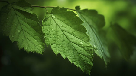 A close-up shot of green leaves covered in dew drops, capturing the beauty of nature's details.の写真素材