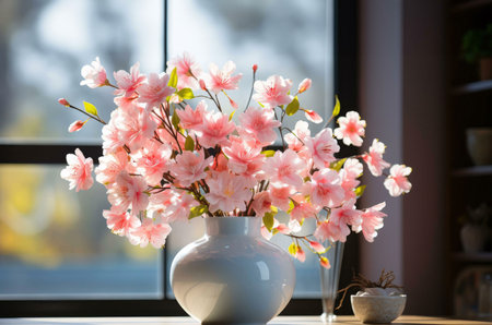 A bouquet of delicate pink flowers arranged in a white vase, capturing the beauty and freshness of spring. The flowers are bathed in soft sunlight, creating a warm and inviting atmosphere.の写真素材
